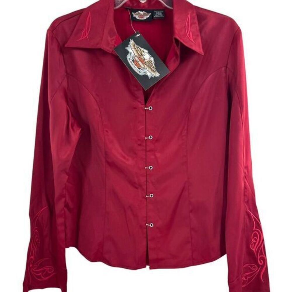 Vtg 90s Y2K Harley Davidson Red Satin Flame Embroidery Top Christmas Sz LG‎ NEW